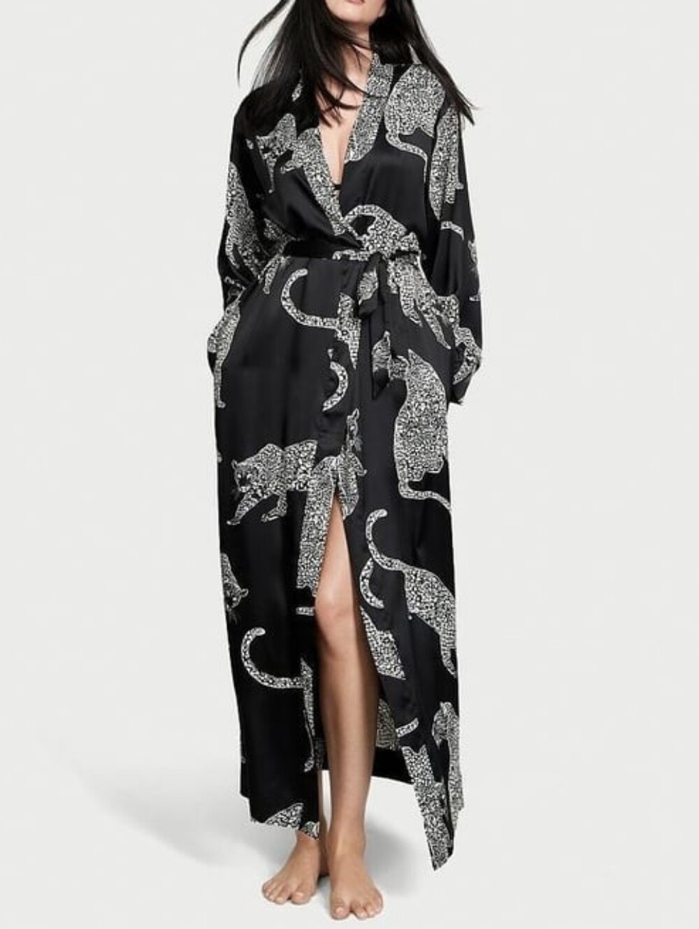 Victoria's Secret Satin Long Robe Black with Leopard Print XS